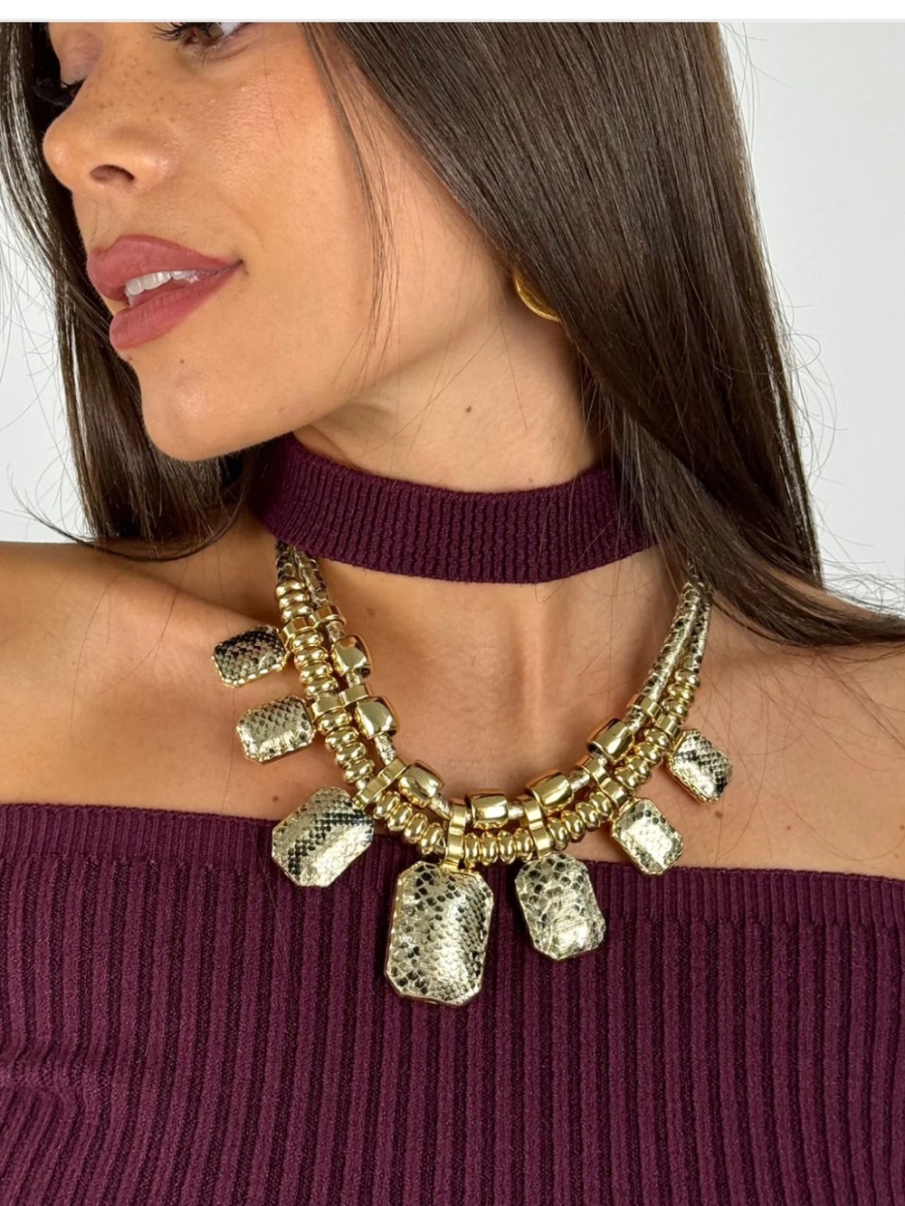 Gold Statement Necklace with Snake-Textured Pendants - Women Jewelry